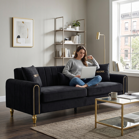 FX-P11-BK 87.4 Inch Modern Sofa Couch for Living Room, 3 Seater Upholstered Sofa with Pillows