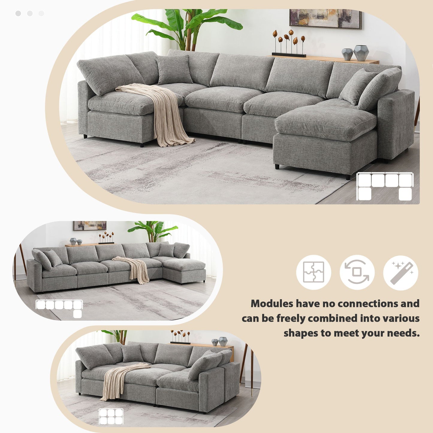 Modern Modular Cloud Sofa Bed, 6 Seat Sectional Couch Set With Ottoman, Free Combination, Convertible U Shaped Sleeper Sofa For Living Room