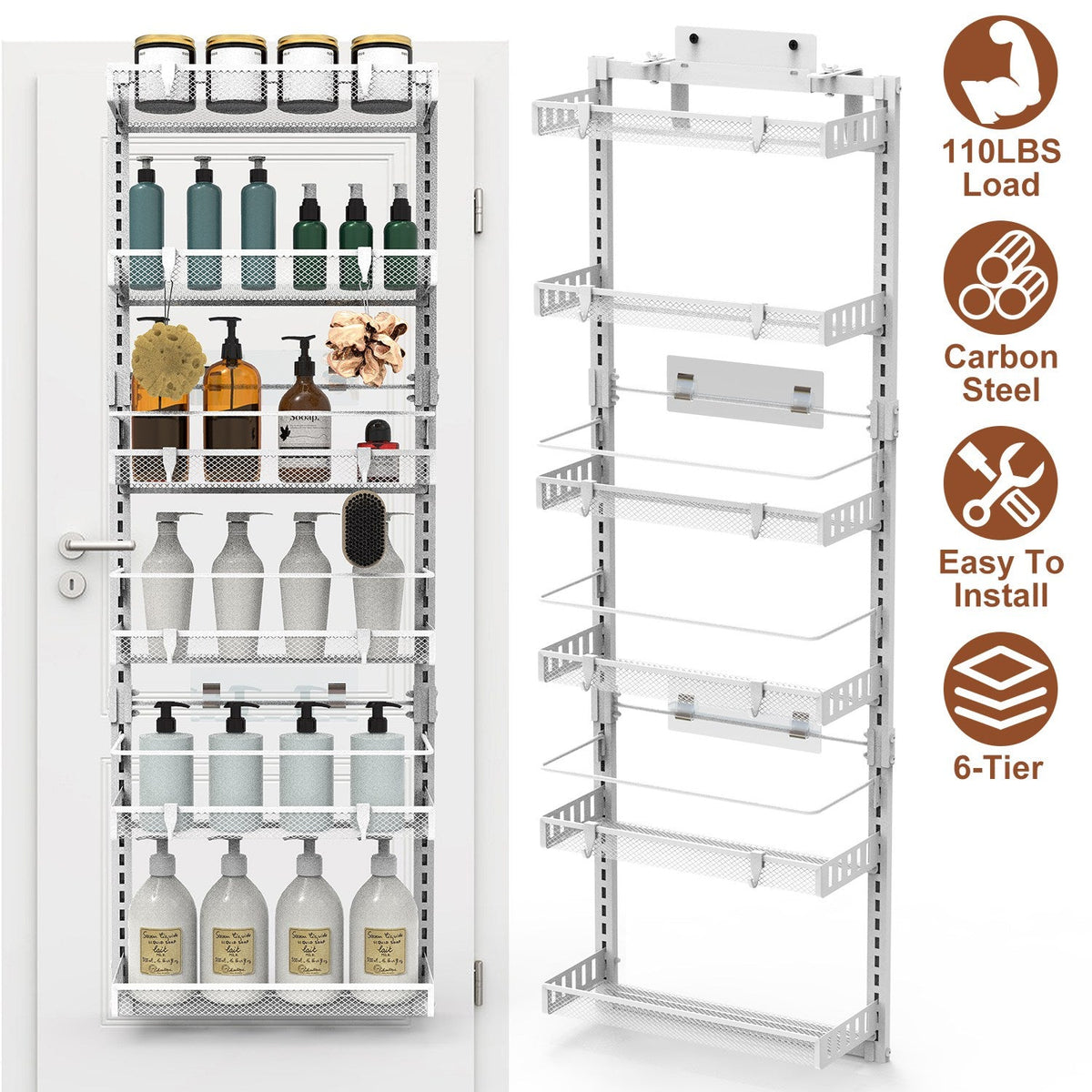 Over The Door Pantry Organizer 6-Tier Pantry Door Organizer Carbon Steel 110LBS Loading Easy Install Behind Door Storage For Closet Kitchen Bathroom 5