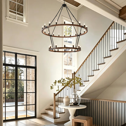 Large Solid Wood Wagon Wheel Chandelier, 2-Tier 32-Lights