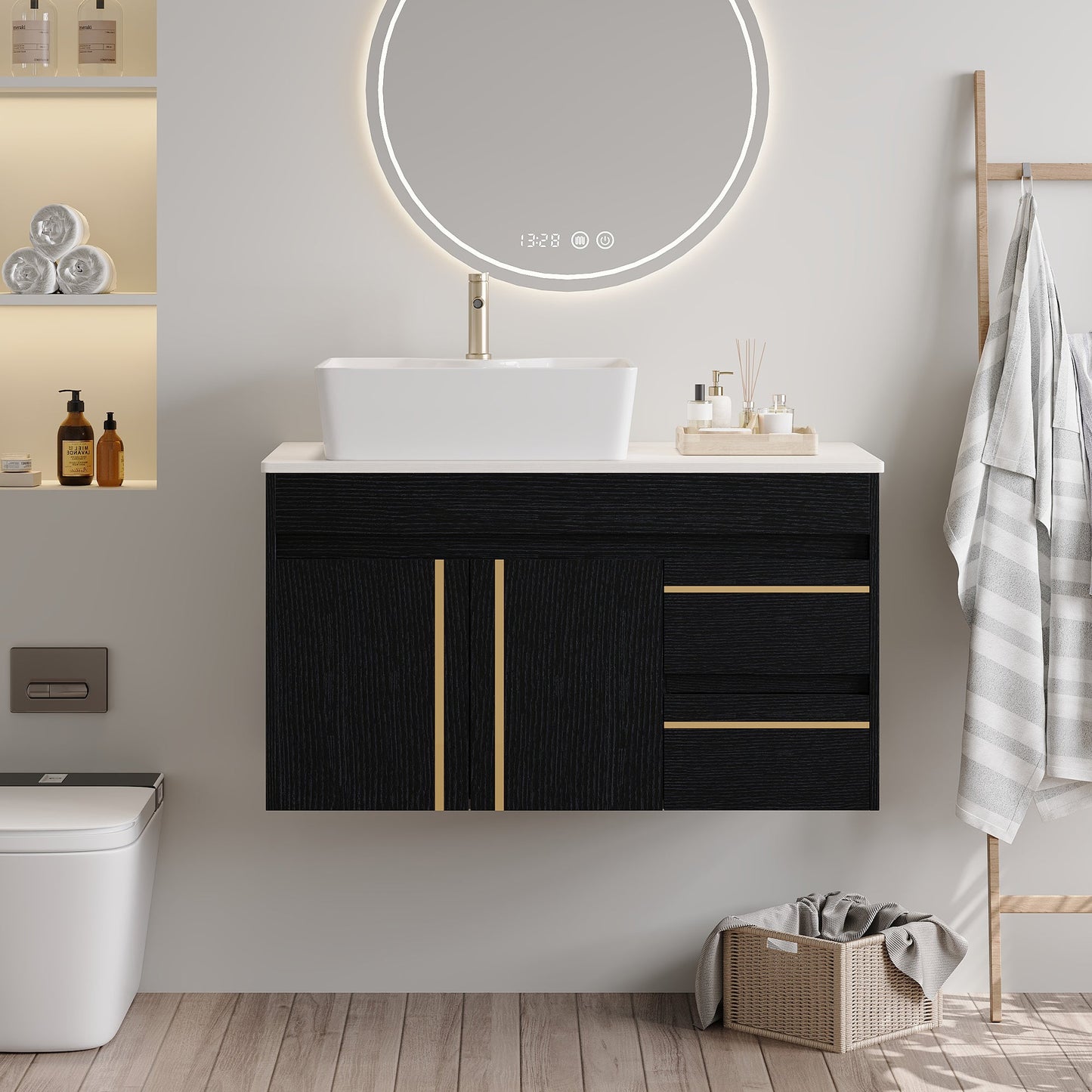 36" Wall-Mounted Bathroom Vanity with Vessel Ceramic Sink & Plywood Countertop