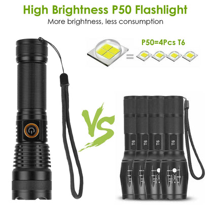 Tactical LED Flashlight Zoomable Rechargeable Search Light Torch 50000LM w/ 5Modes SOS Night Light For Night Walking Adventures
