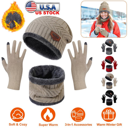 Winter Knitted Hat Scarf Gloves 3Pcs Winter Warm Beanie and Touch Screen Gloves Scarf Set Knit Beanie Skull Cap Neck Warmer Mittens for Men Women