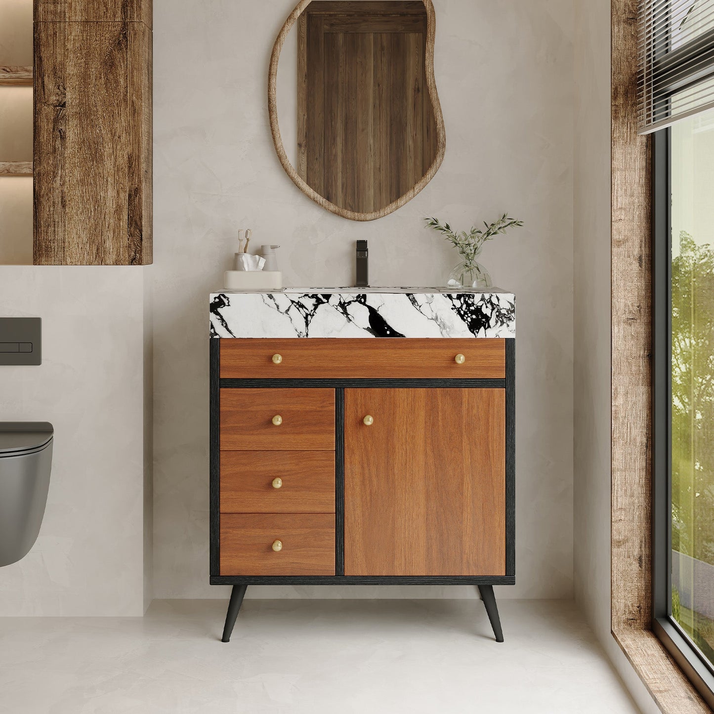 Modern Free-Standing Bathroom Vanity with Ceramic Sink & Sintered Stone Top