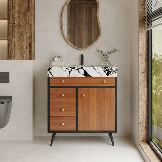 Modern Free-Standing Bathroom Vanity with Ceramic Sink & Sintered Stone Top