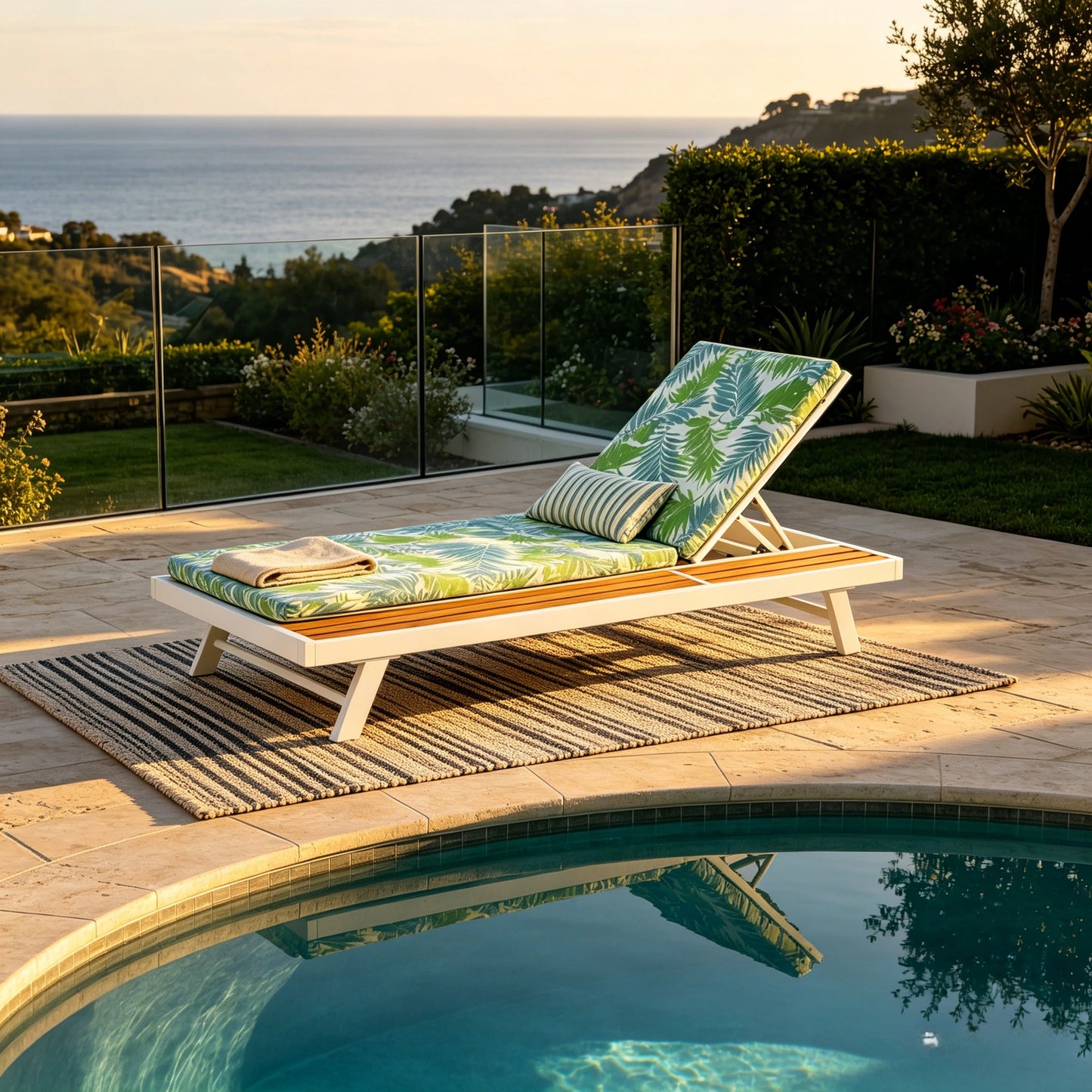 White Iron and Teak Finish Outdoor Chaise Lounge Set