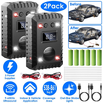 2 Pack Under Hood Ultrasonic Rodent Repeller Rodent Chaser for Vehicle Indoor Mouse Wildcat Control with 3 Power Supplies Strobe Light Alarm Sound for
