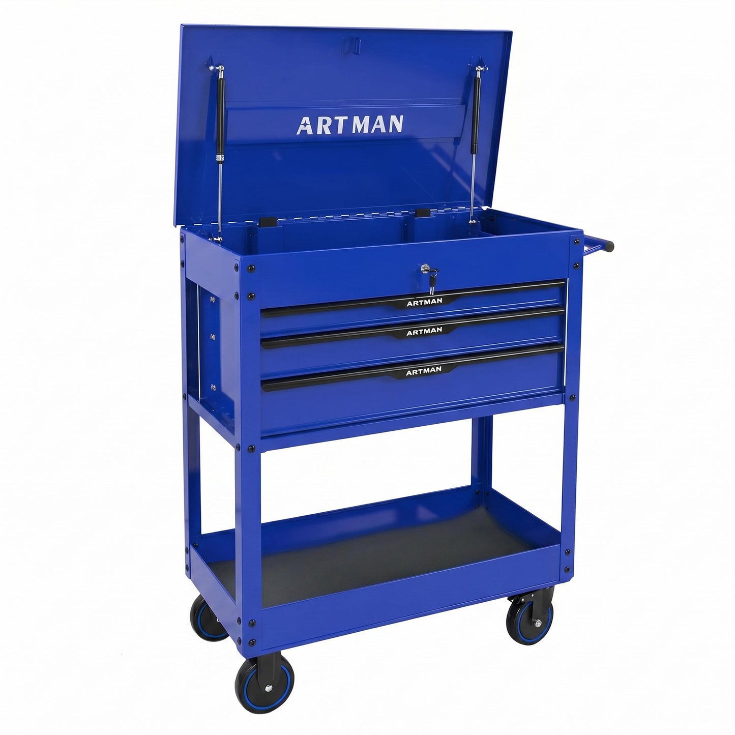 3 Drawers Multifunctional Tool Cart with Wheels and Steel Top - Blue & Black