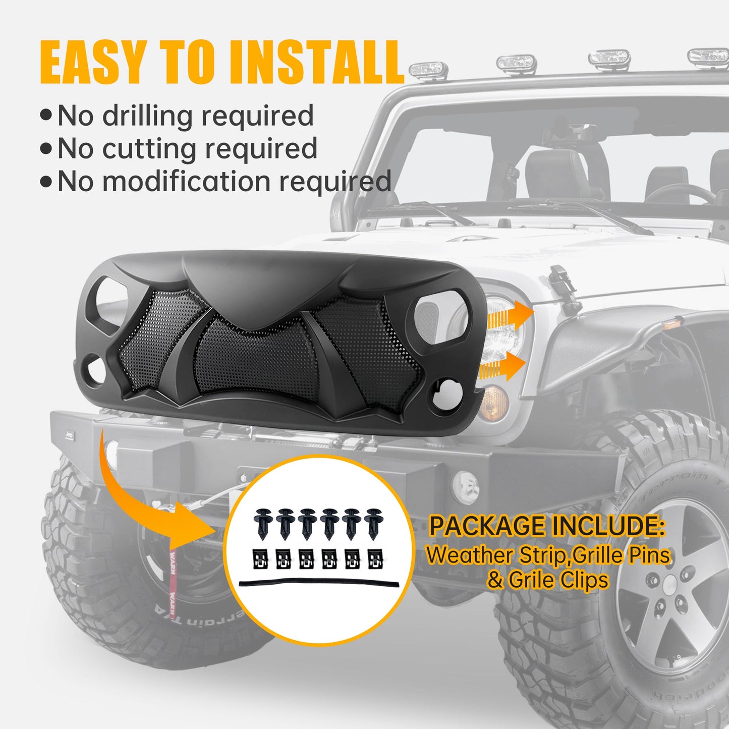 Halloween Front Grille Grid Grill for 2007-2017 Jeep Wrangler Rubicon Sahara Sport JK/JKU, Matte
