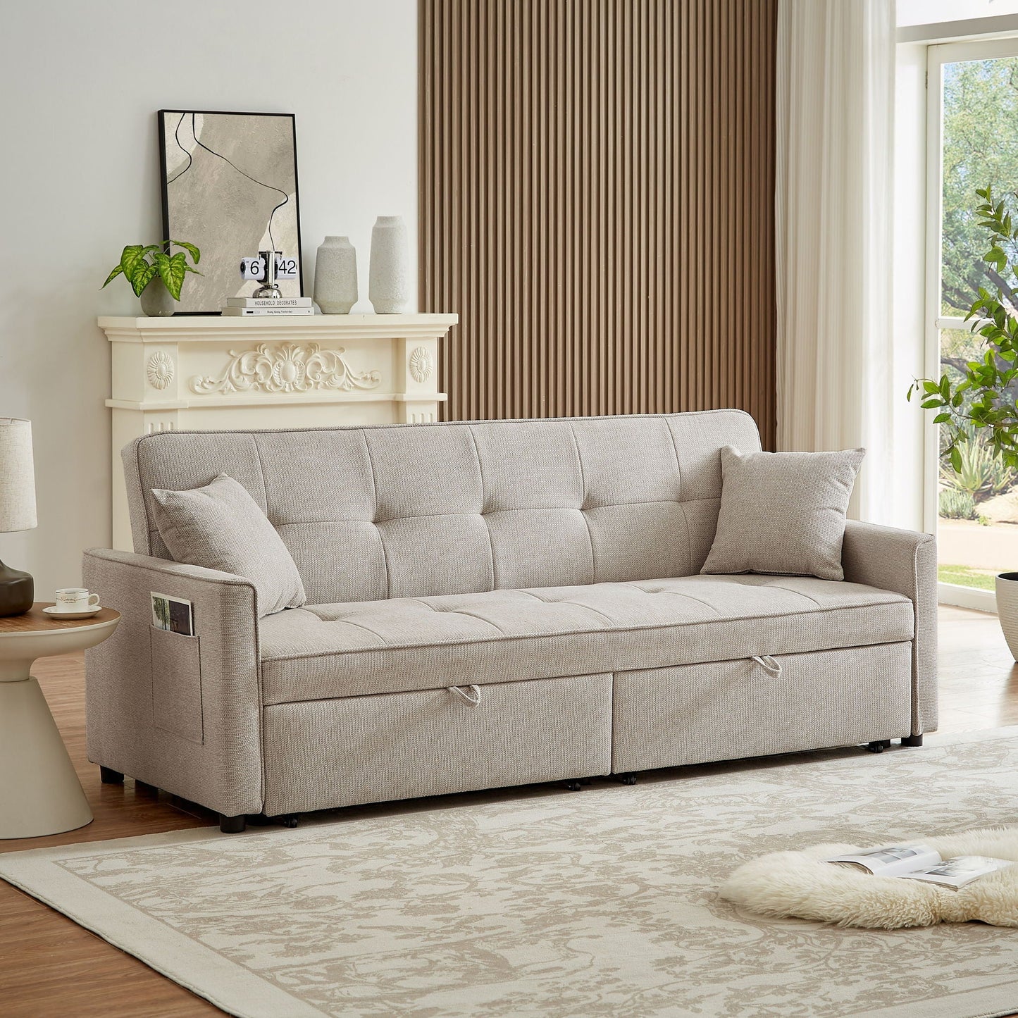 3 In 1 Convertible Sleeper Sofa Bed, Reclining Backrest, Pillows, Pockets