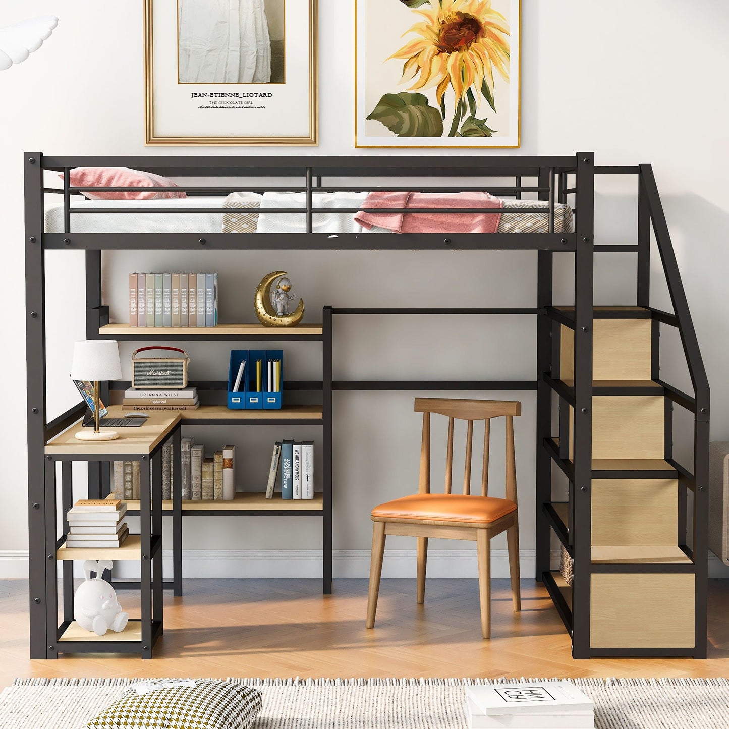 Full Size Loft Bed With Staircase, Built In Desk And Shelves And Sleeping Surface - Black