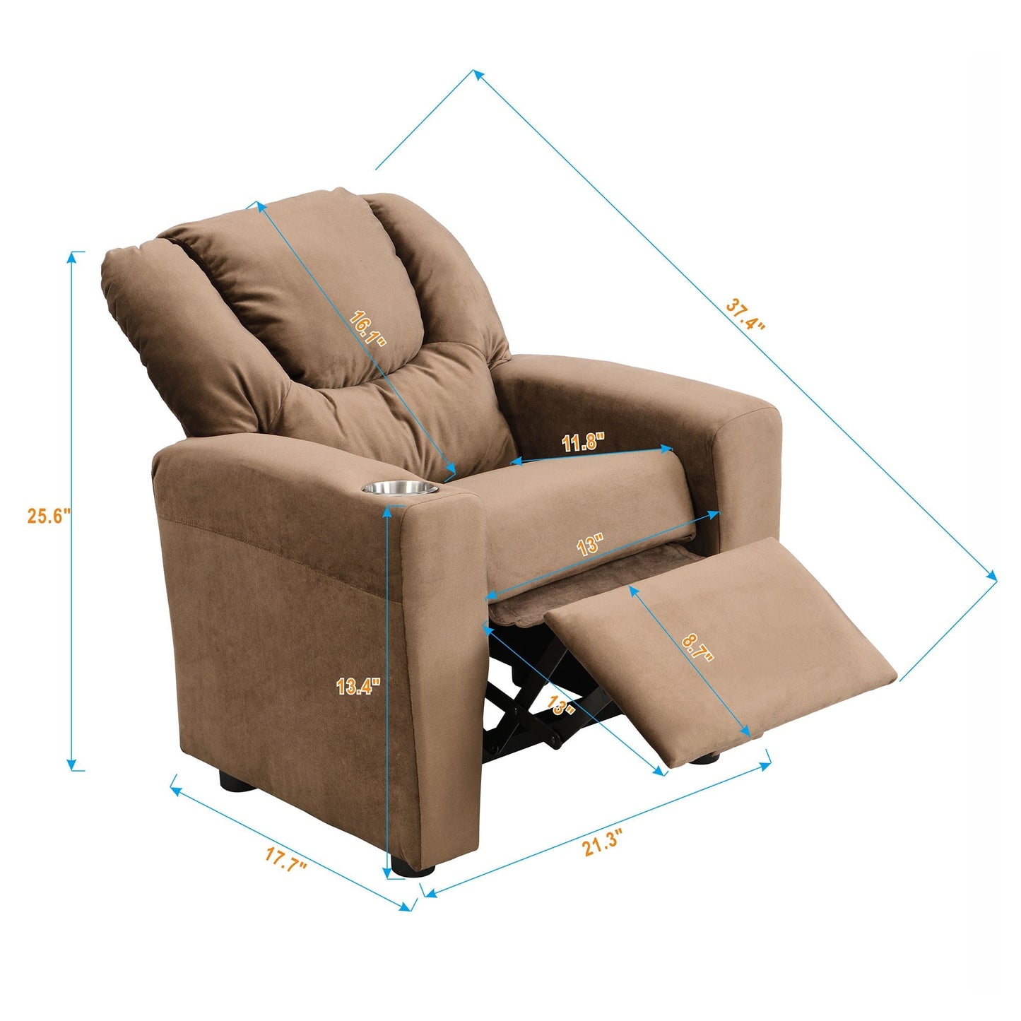 Kids Recliner Chair with Cup Holder - Brown Upholstered Couch