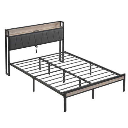 Modern Bed Frame With LED Lights, Upholstered Headboard, USB Charging