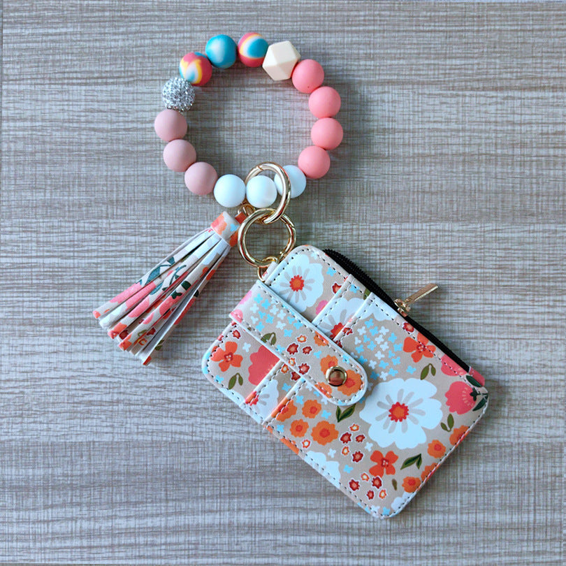 Womens Silicone Bead Bracelet Keychain Cardholder