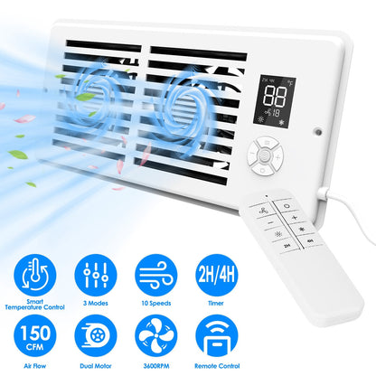 Register Booster Fan Smart AC Vent Booster Fan Fits 4" x 10" Register Holes with 3 Modes 10 Speeds 2H/4H Timer LCD Screen 2 Scent Diffuser Slots Remot