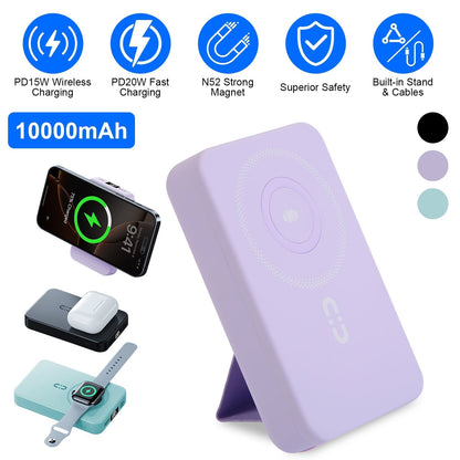 3 In 1 10000mAh MagSafe Fast Charging Power Bank PD20W Portable Charger with 2 Built In Cables Stand Fit for IOS Phone 16 15 13 Series And More
