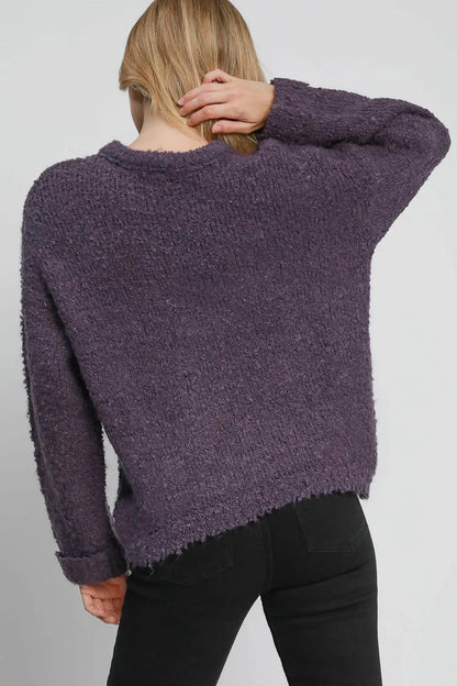 Umgee Full Size Round Neck Long Sleeve Boucle Sweater Plus Size