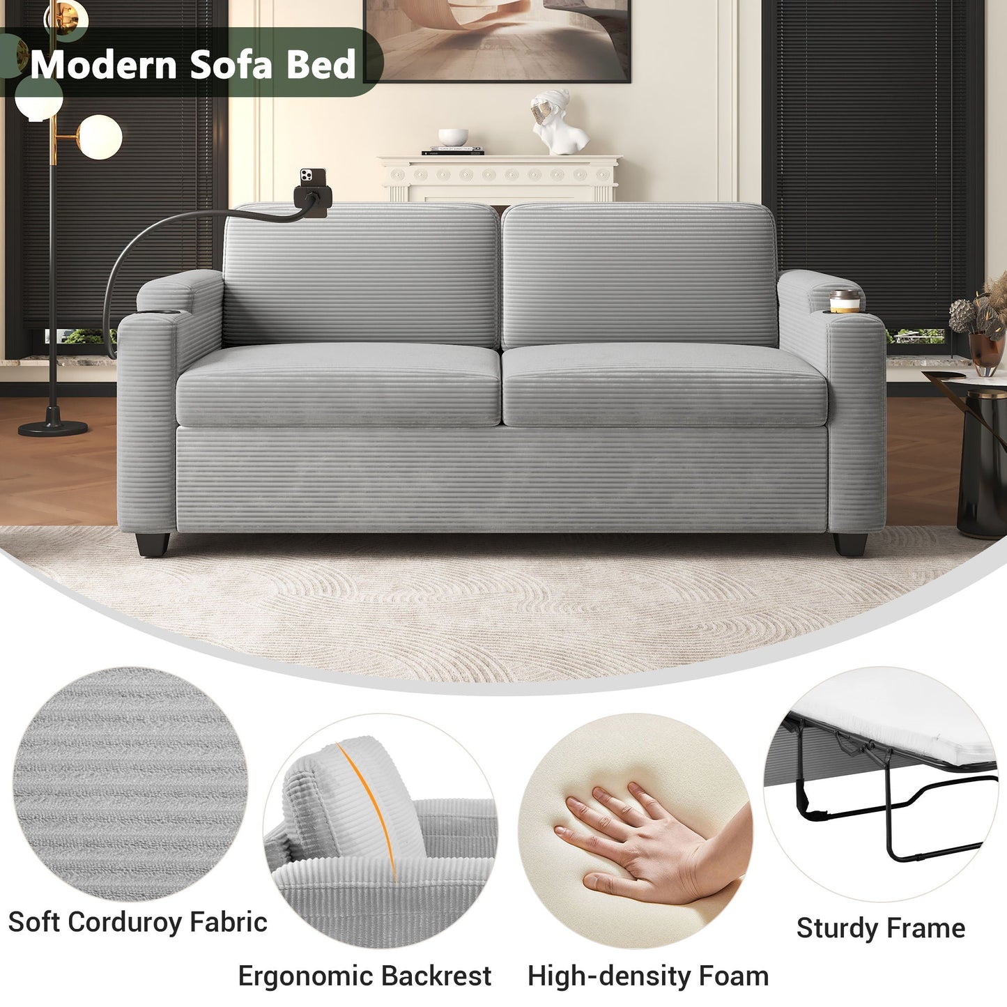 Sleeper Sofa Loveseat Sofa With Full Size Mattress, 2 USB Ports, 2 Cup Holders, 2 Side Pockets And Phone Holder