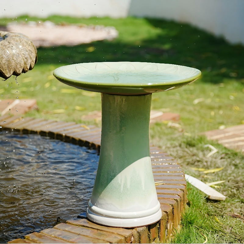 Handmade Glazed Ceramic Bird Bath with Daisy Petal Embossed Tray
