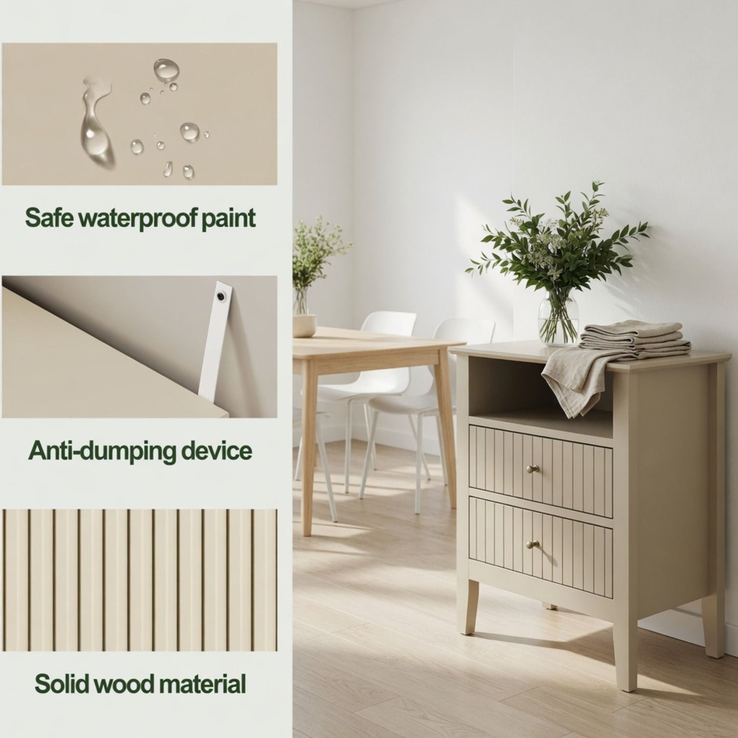Fluted Nightstand With 2 Drawers