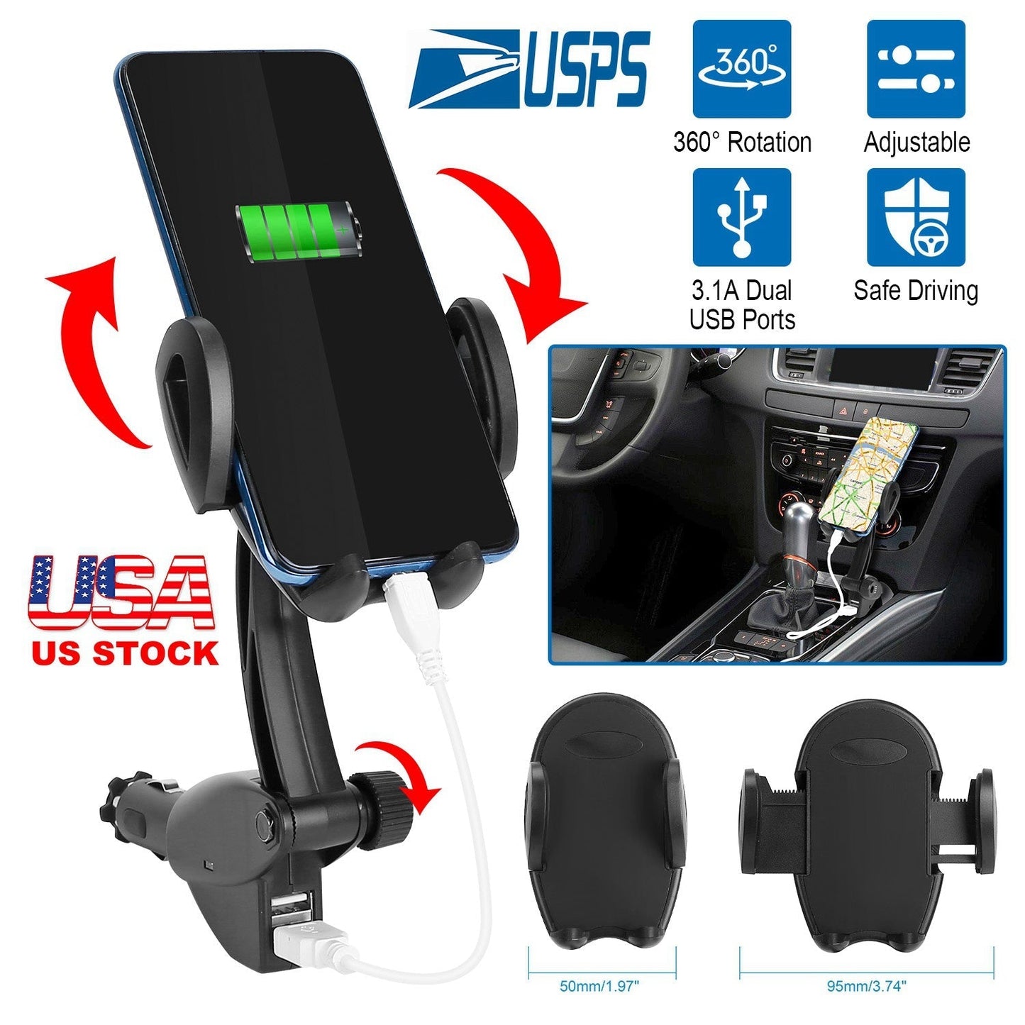 360¡ Rotation Car Phone Mount 3.1A Dual USB Cigarette Lighter Phone Holder Universal