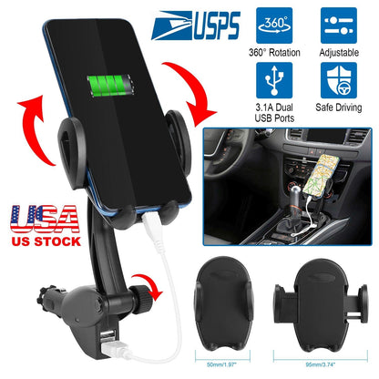 360¡ Rotation Car Phone Mount 3.1A Dual USB Cigarette Lighter Phone Holder Universal