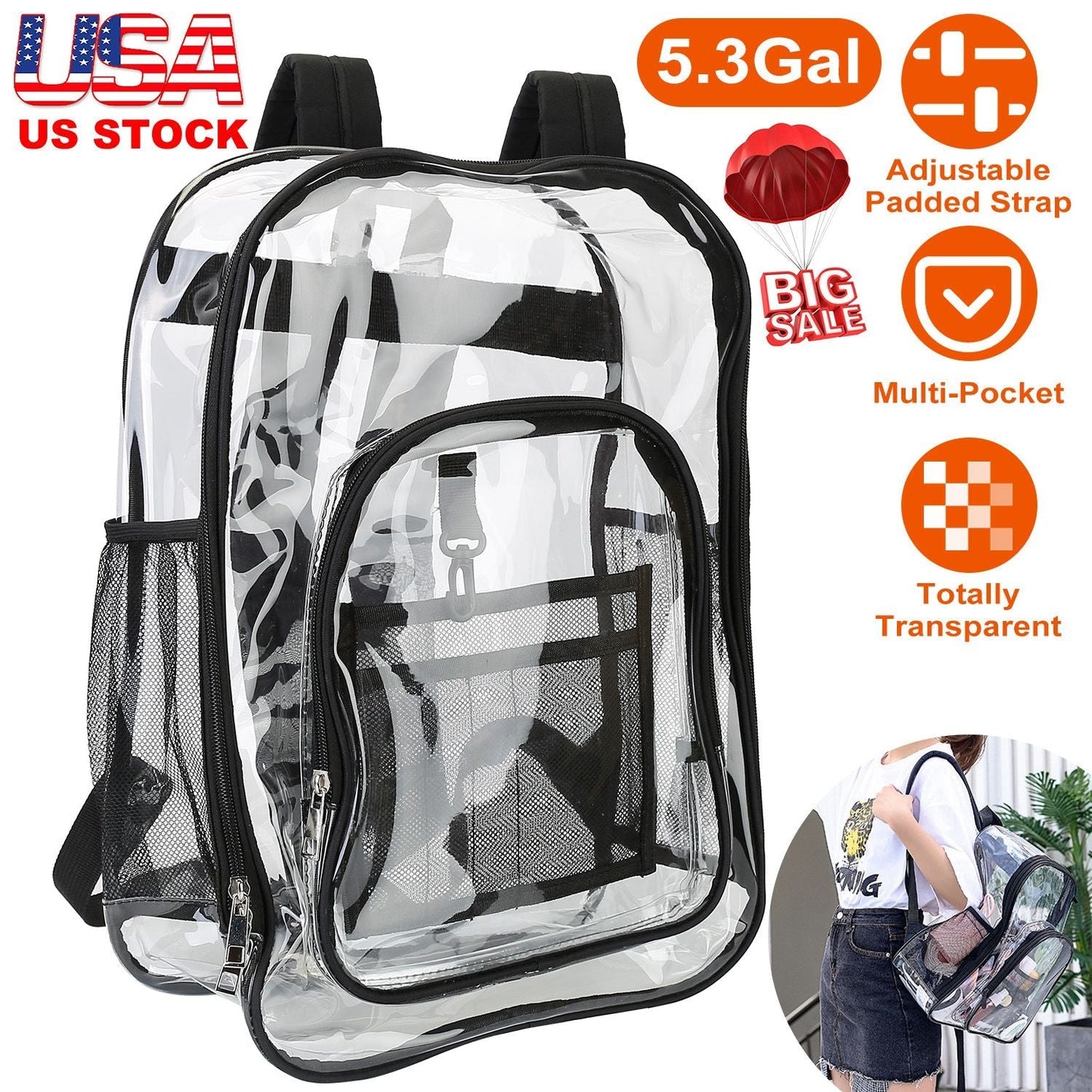 Clear Backpack Heavy Duty Transparent Book Bag Waterproof PVC Clear Backpack 5.3Gal with Reinforced Strap for College Workplace