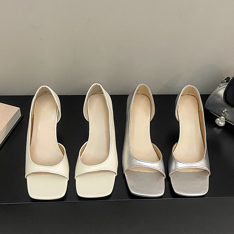 Summer Women French Style Soft Leather Square Peep Toe Slip-On Sandals, Elegant Versatile Thin High Heels