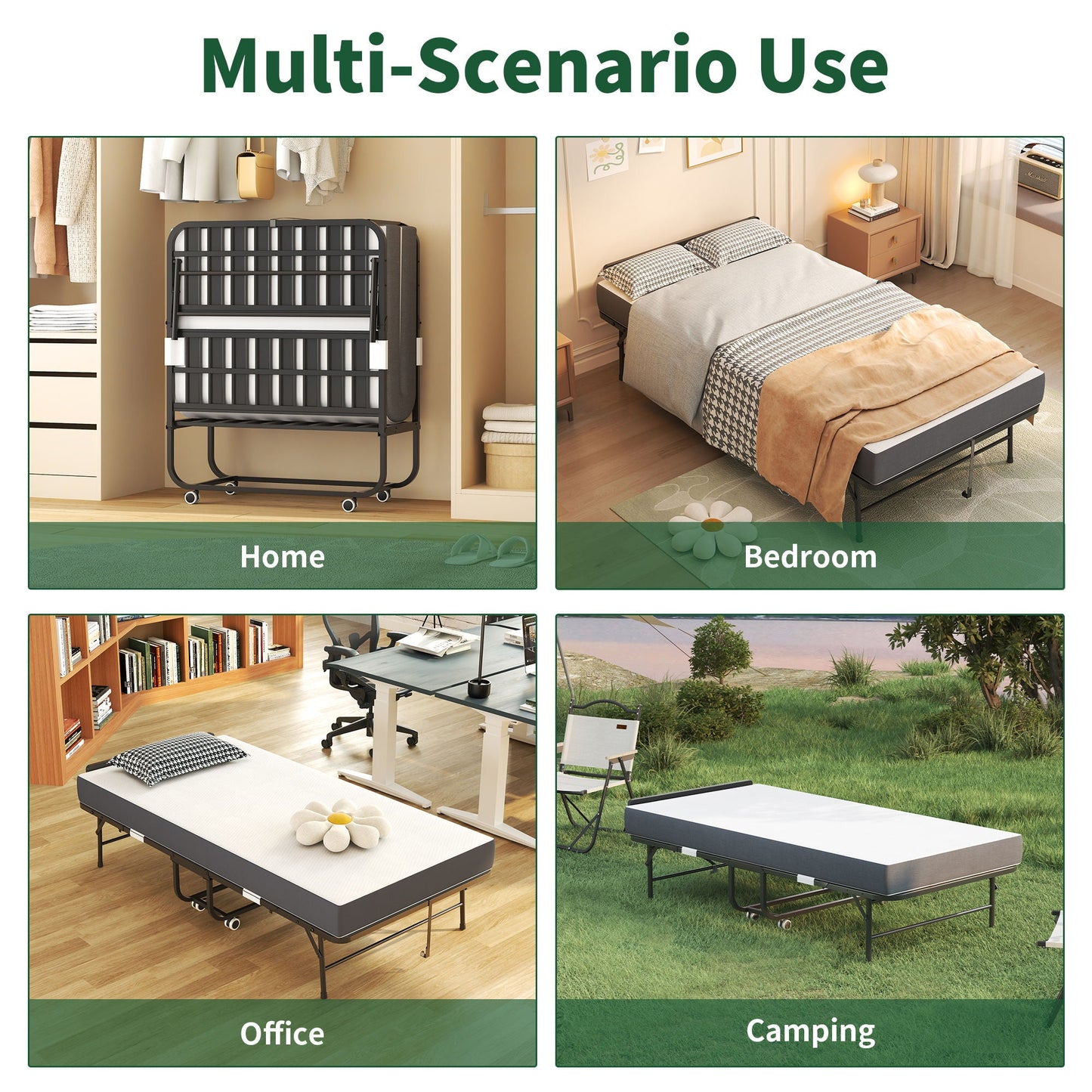 Twin Folding Bed With Adjustable Headboard, Memory Foam For Tall People, Heavy-Duty Portable On Wheels, Easy Assembly - Black