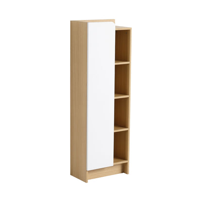 Tall Freestanding Bathroom Side Cabinet With Single Door & 4 Tier Open Shelves - Black / Light Oak / White