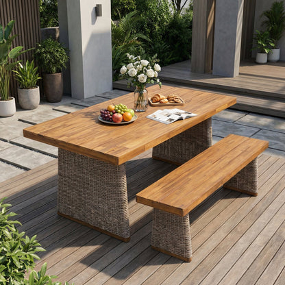 Outdoor Acacia Wood Dining Table Set with 1 Table and 1 Bench