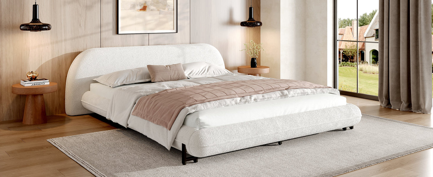 Queen Size Upholstered Bed Frame with Boucle Fabric and Steel Legs