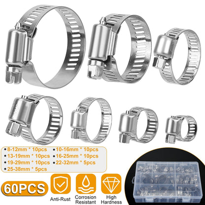 60Pcs Hose Clamp Set Stainless Steel Adjustable Worm Gear Assortment Pipe Tube Hose Clip Kit For Plumbing Automotive Mechanical