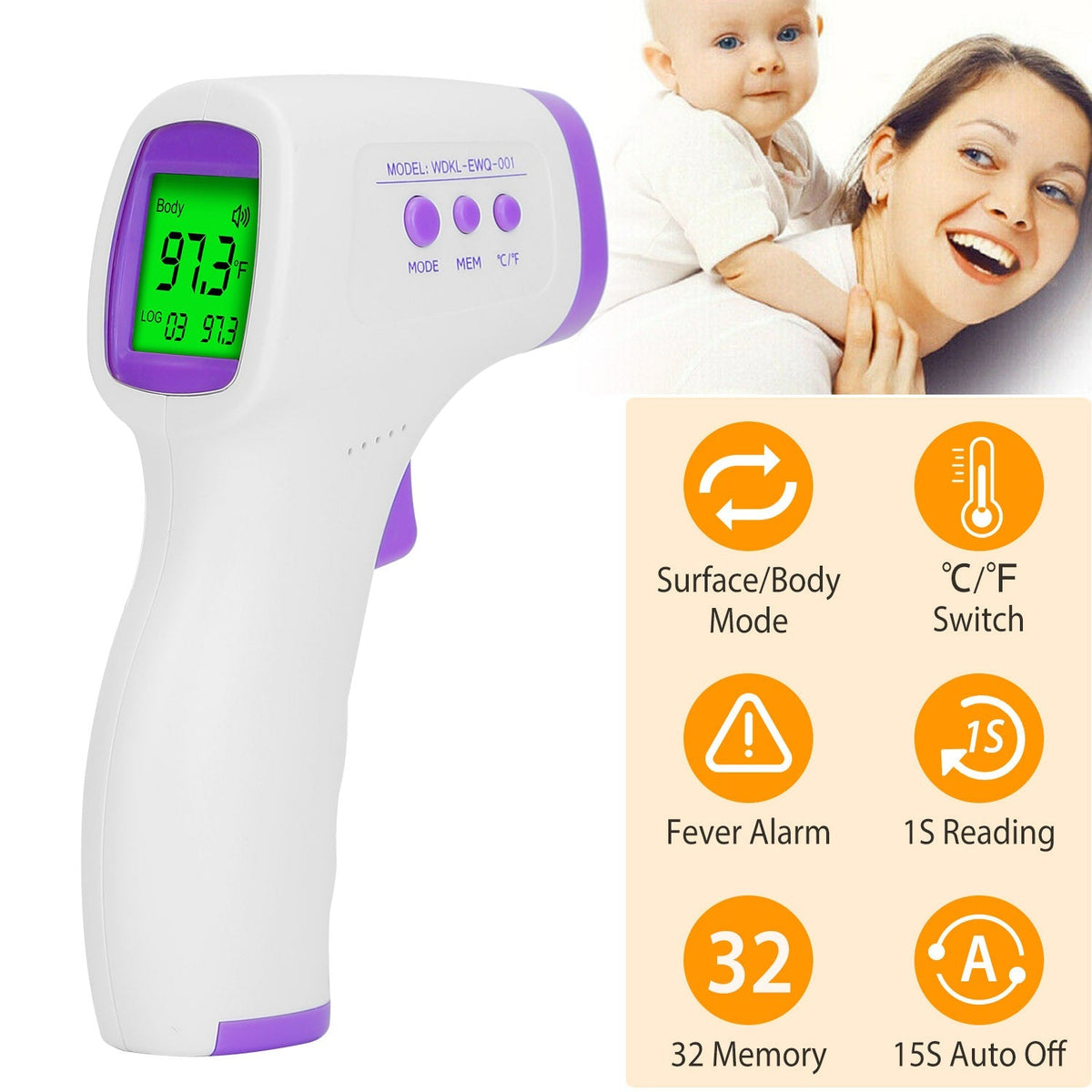Digital Infrared Thermometer Non-contact Forehead Body Thermometer Surface Room Instant Accurate Reading w/ 32 Memories