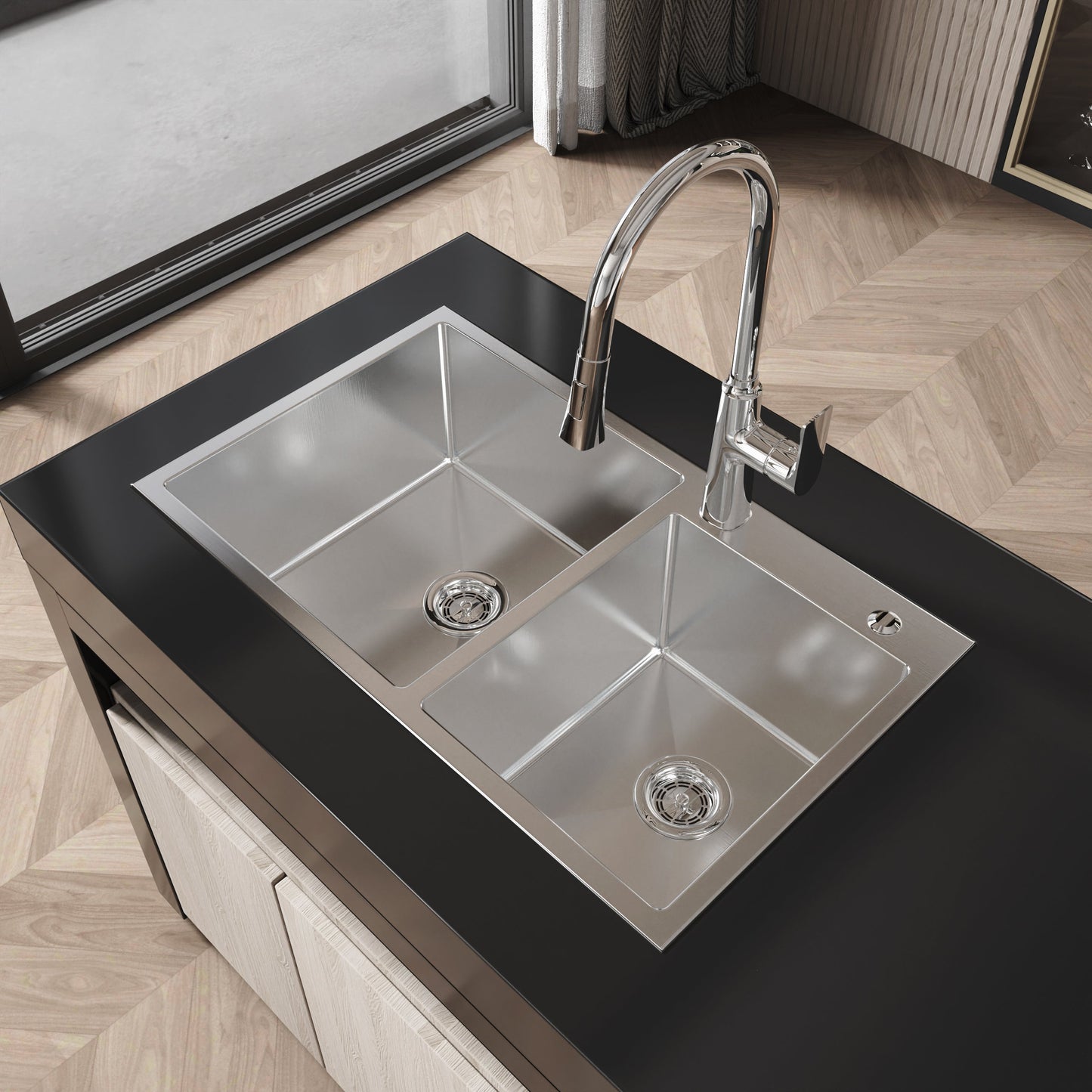 Stainless Steel Kitchen Sink, 32"x19" Double Bowl in Brushed Nickel