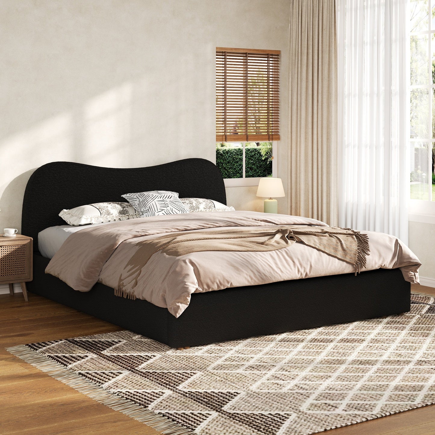 King Size Upholstered Platform Bed with Wooden Slats