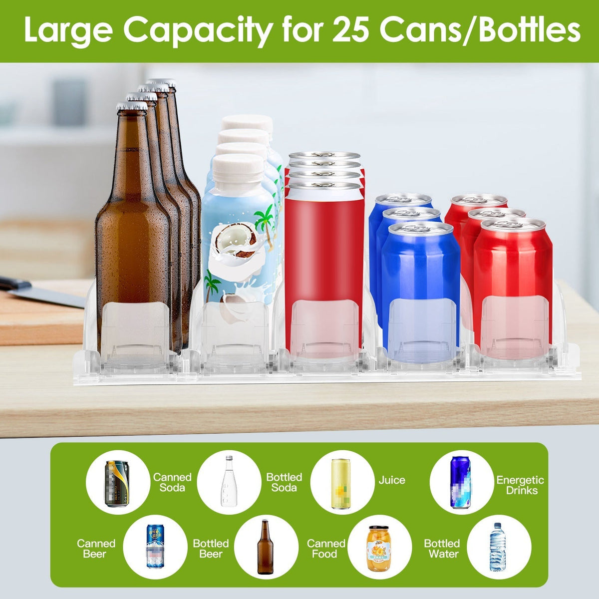 Drink Organizer for Fridge Spring Loaded Beverage Dispenser Width Adjustable Drink Holder with Automatic Pusher Glide 5 Rows Hold up to 25 Cans Bottle