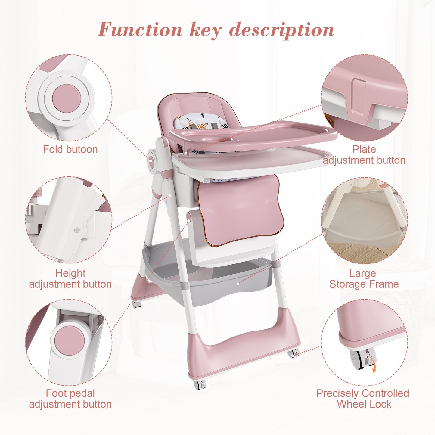 Adjustable Baby High Chair 0-6 Years – Portable Infant Feeding Seat (Pink)