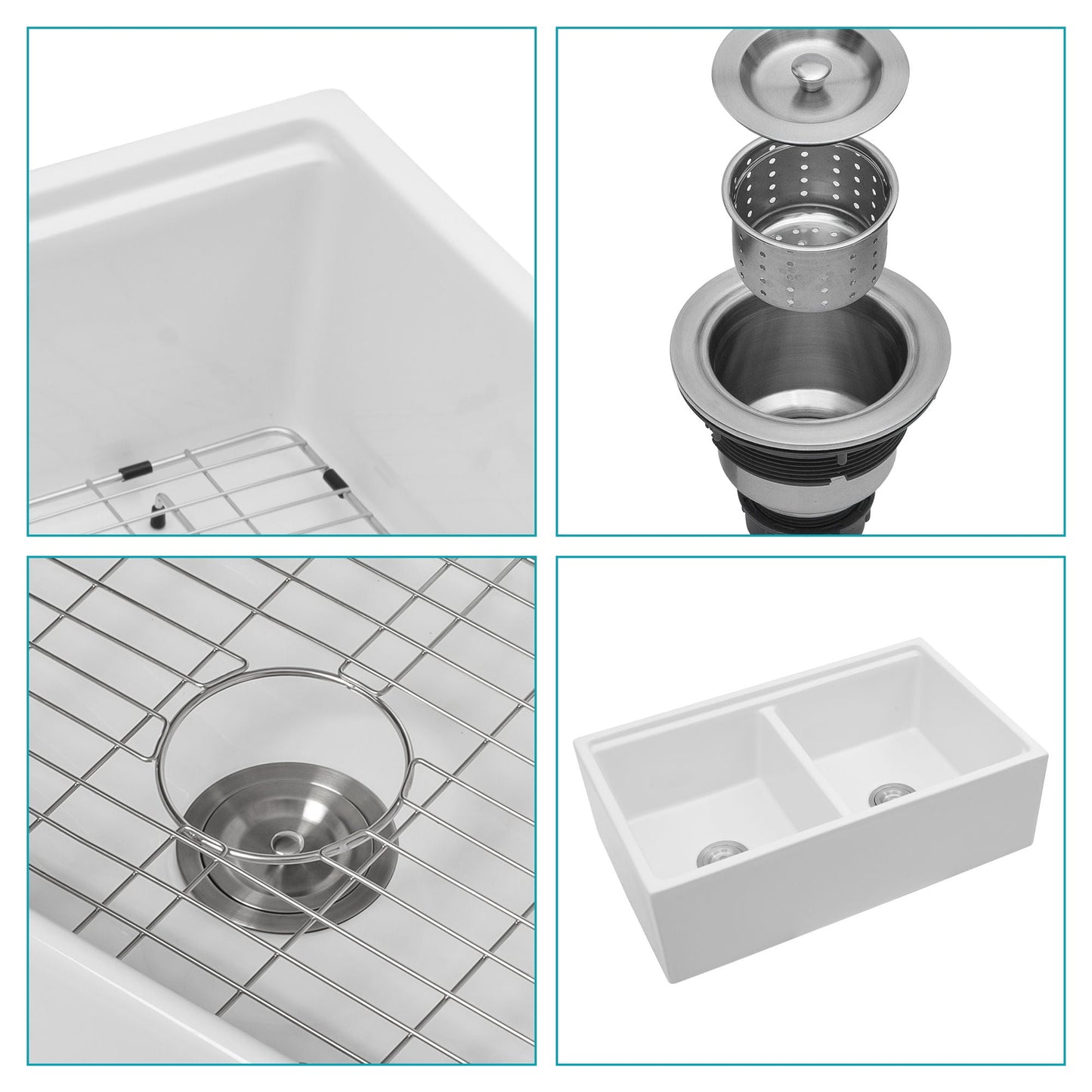 Farmhouse Sink Workstation 33" Ceramic Double Bowl Kitchen Sink With Ledges - White