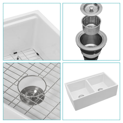 Farmhouse Sink Workstation 33" Ceramic Double Bowl Kitchen Sink With Ledges - White