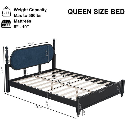 Queen Bed Frame, Solid Wood Platform with Slats