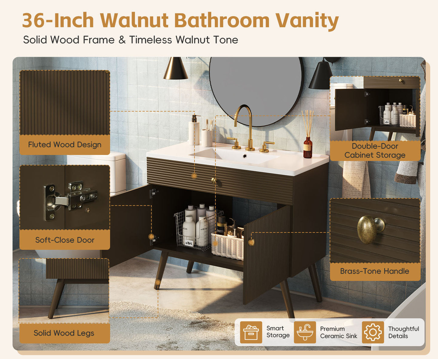 36" Luxury Striped Bathroom Vanity, Soft-Close Dual-Door Storage & Premium Ceramic Sink