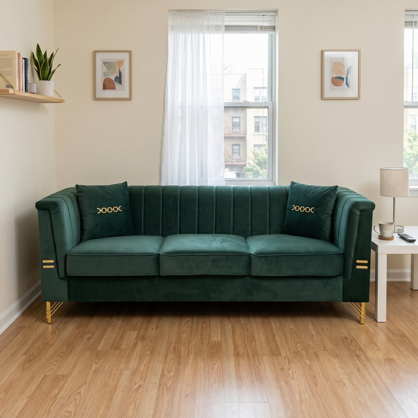 FX-P82-GR3 82.67" Modern Velvet 3-Seater Chesterfield Sofa with 2 Pillows