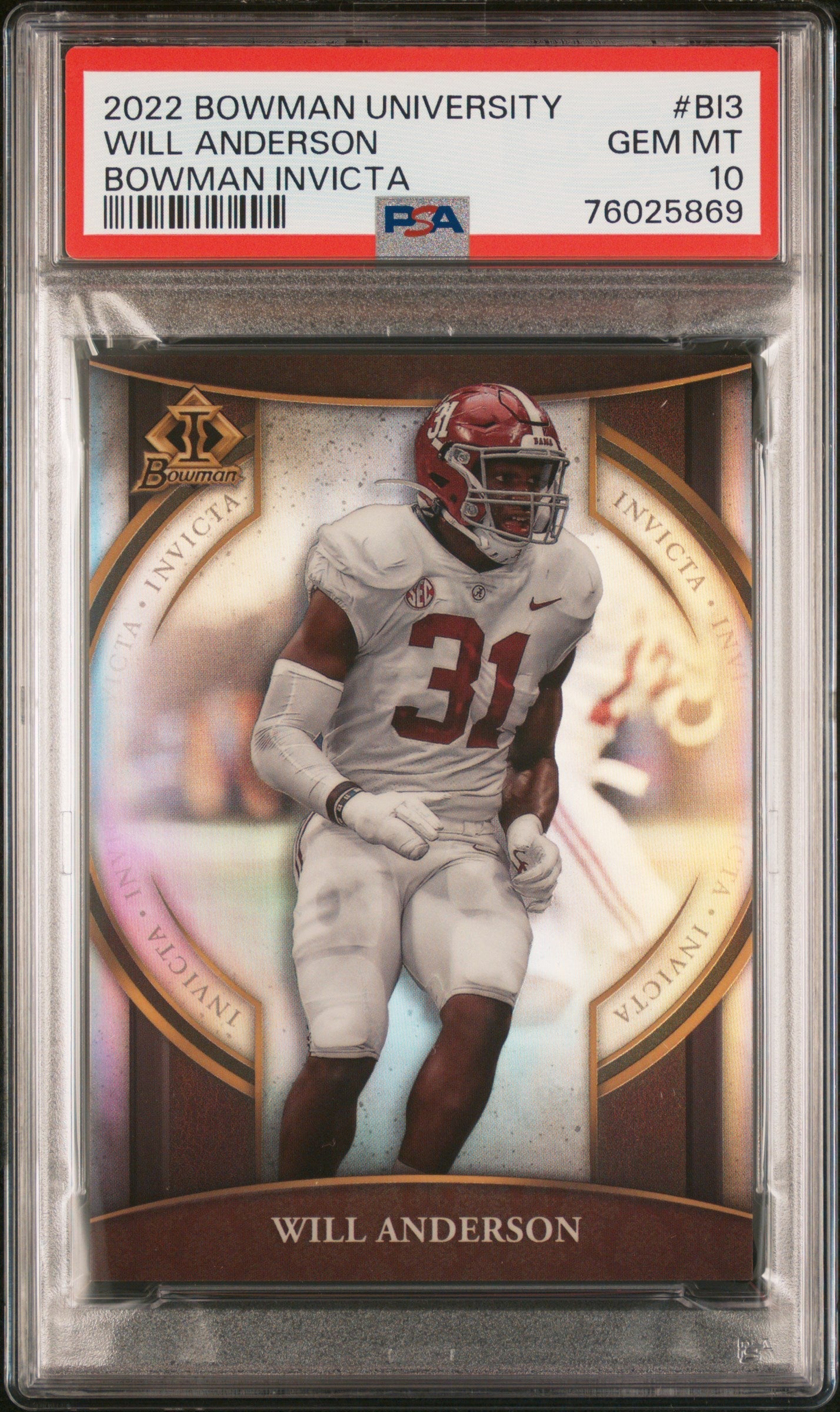 Graded 2022 Topps Bowman University Will Anderson #BI3 Bowman Invicta Rookie RC Football Card PSA 10 Gem Mint