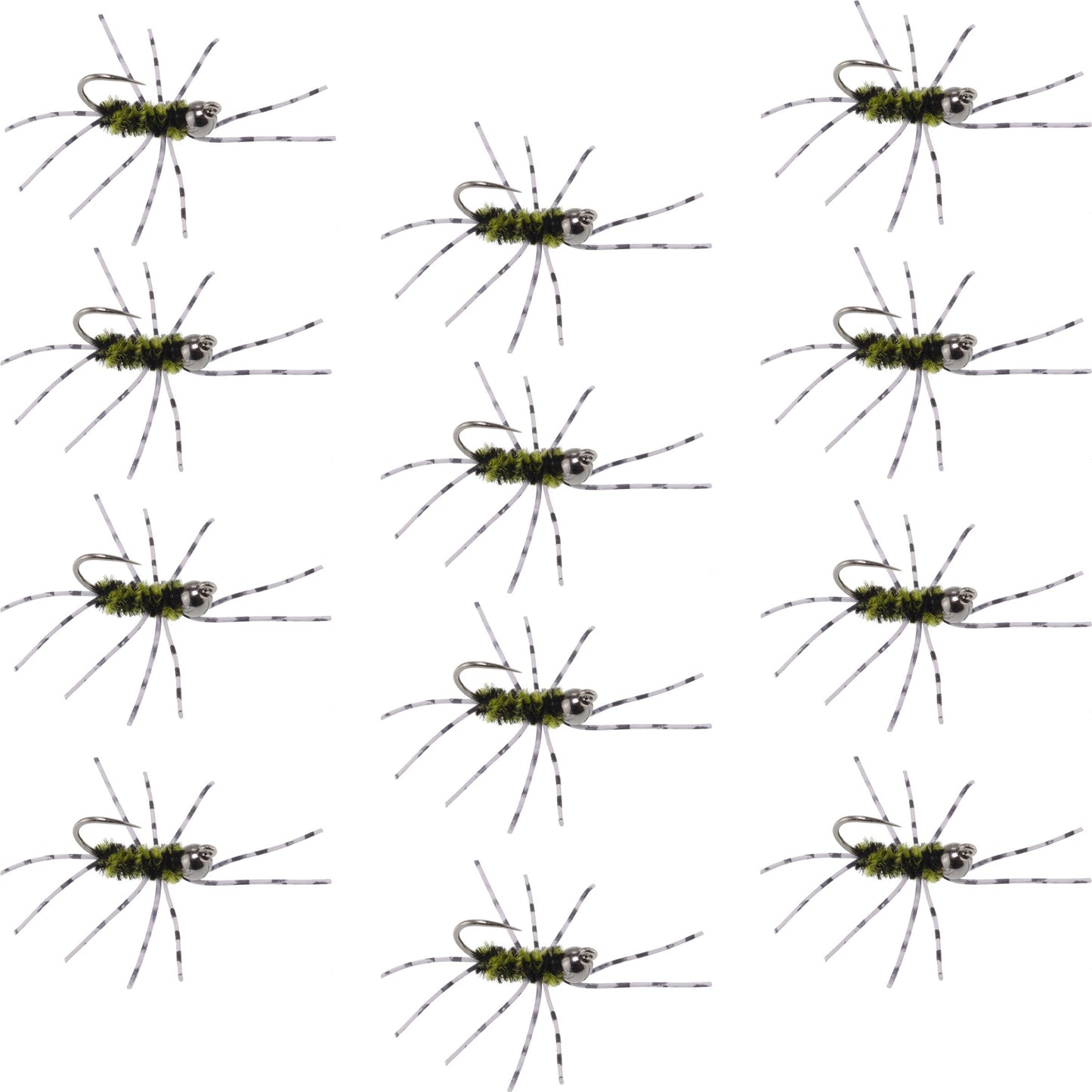 Pat's Rubber Legs Tungsten Jig Black/Olive Euro Nymph 12 Flies Size 6