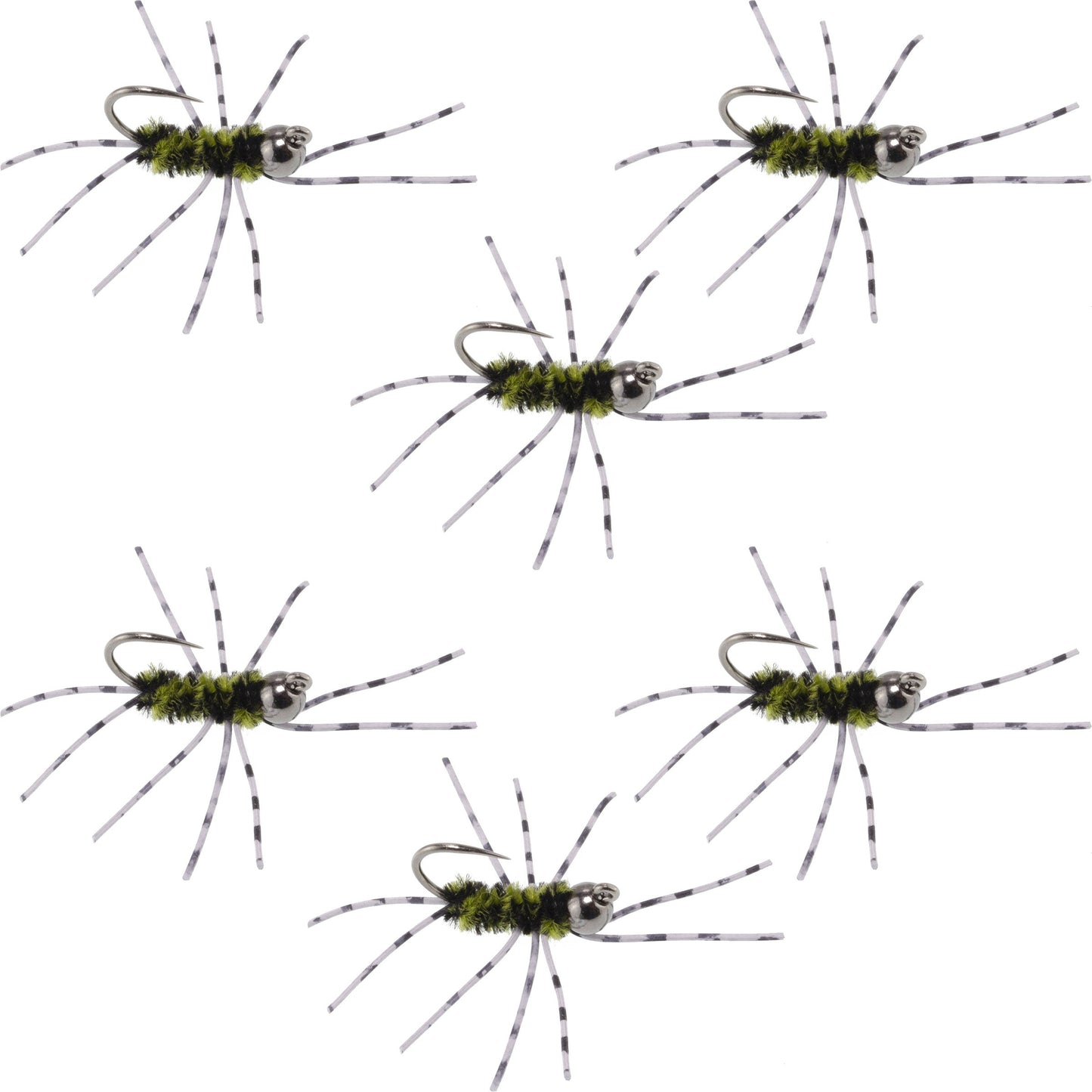 Barbless Pat's Rubber Legs Tungsten Jig Black/Olive Euro Nymph 6 Flies #6