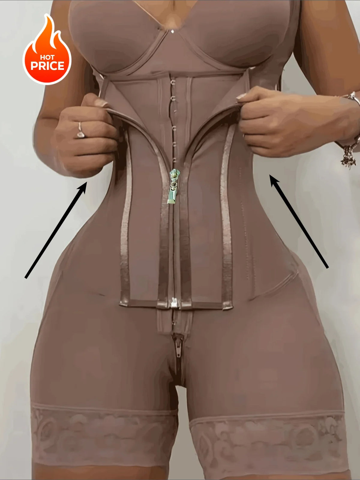 Women's High-Waisted Lace Shapewear Bodysuit - Non-Padded, Full-Coverage, Zipper Closure, Nylon Knit Fabric with Elegant Contras