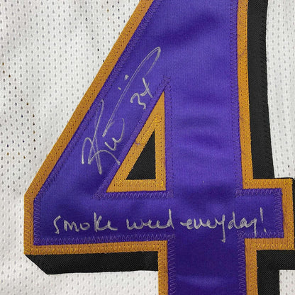 Framed Autographed/Signed Ricky Williams 35x39 Smoke Weed Everyday Inscribed Baltimore White Football Jersey JSA COA