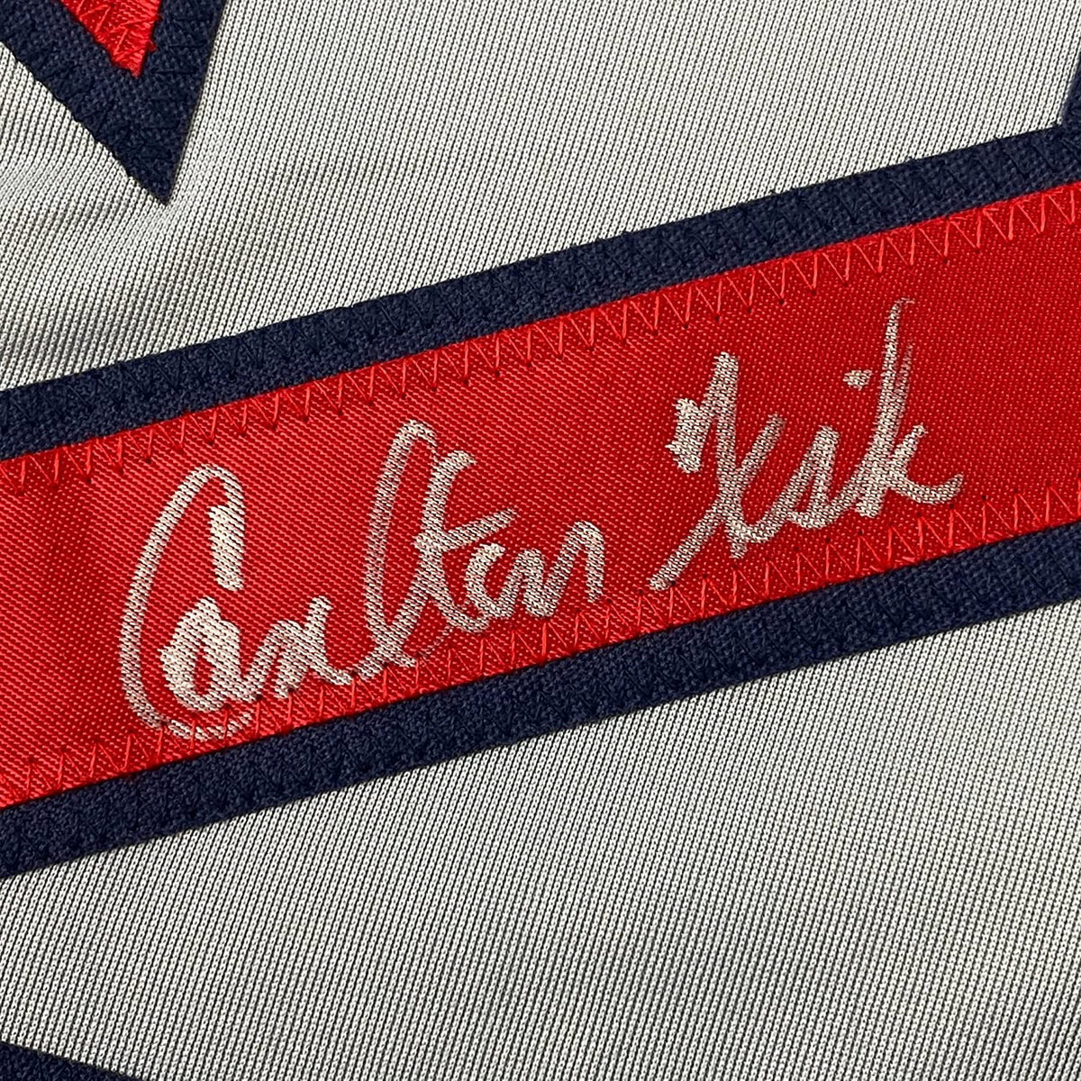 Framed Autographed/Signed Carlton Fisk 35x39 Boston Grey Baseball Jersey JSA COA