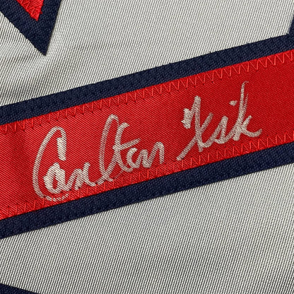 Framed Autographed/Signed Carlton Fisk 35x39 Boston Grey Baseball Jersey JSA COA